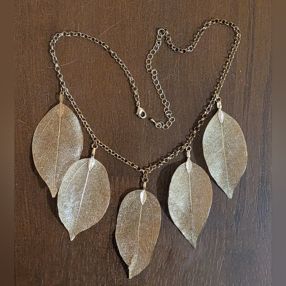 Gold Leaf Cluster Necklace, Lightweight, Adjustable Size, 5 Gold-Plated Leaves